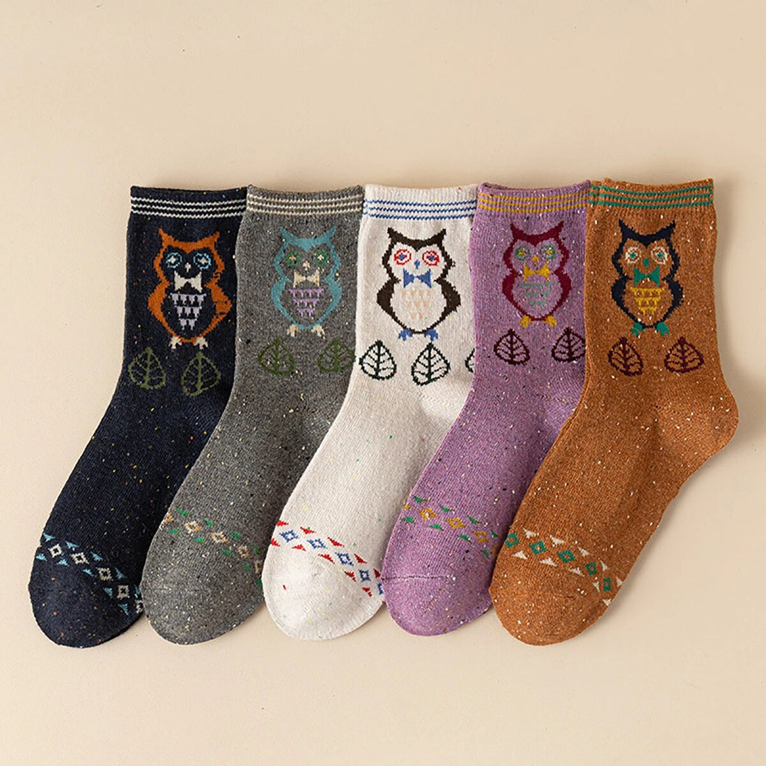 Anysox 5 Pairs Size 35-40 Mixed Color Owl Cartoon Fashion Socks High Quality Woollen Stockings Foot Wear-Socks-PEROZ Accessories