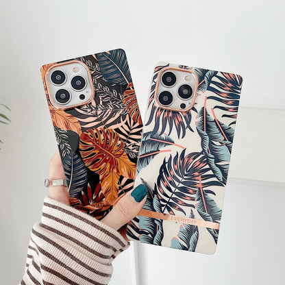 Anymob iPhone Case Blue and White Flower Square Plating Banana Leaf Ring Stand Shockproof Soft Bumper Cover-Mobile Phone Cases-PEROZ Accessories