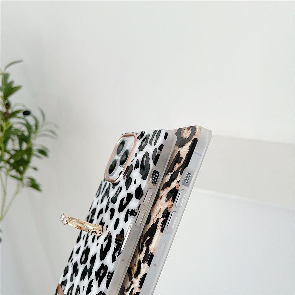 Anymob iPhone Case Pink Leopard Print Square Cover Soft Silicone With Ring Holder Bumper Shell-Mobile Phone Cases-PEROZ Accessories