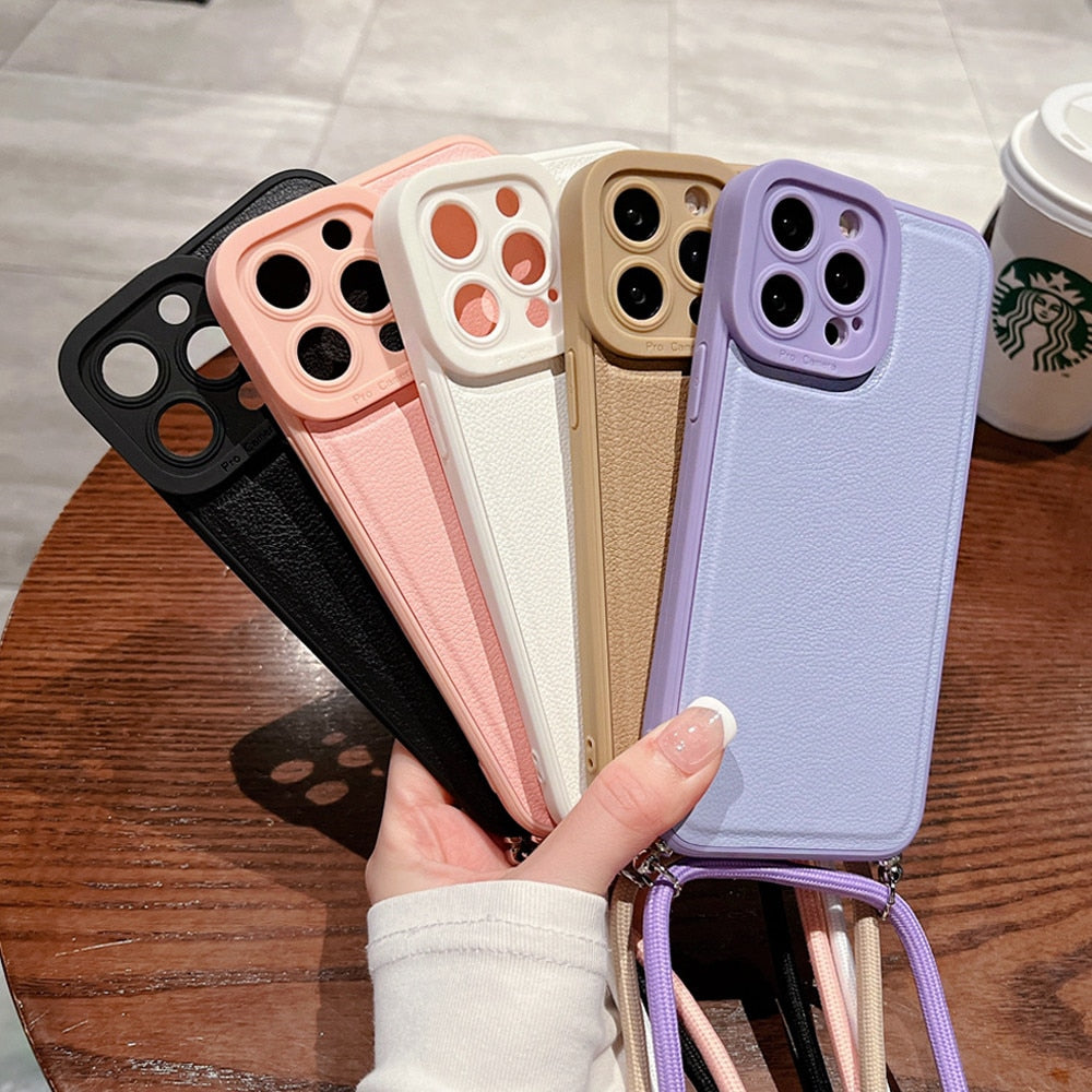 Anymob iPhone Case Brown Soft Silicone Lanyard Solid Color Crossbody shockproof Cover-Mobile Phone Cases-PEROZ Accessories