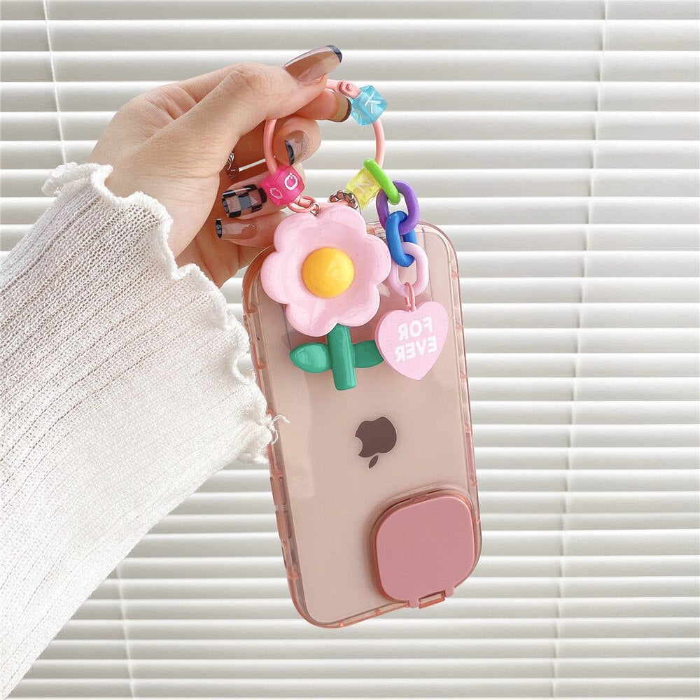 Anymob iPhone Pink Folding Makeup Mirror Phone Case With Flower Bracelet Protection Stand Cover-Mobile Phone Cases-PEROZ Accessories