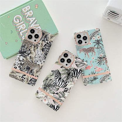 Anymob iPhone Case Blue Leaf Square Plating Banana Leaf Ring Stand Shockproof Soft Bumper Cover-Mobile Phone Cases-PEROZ Accessories
