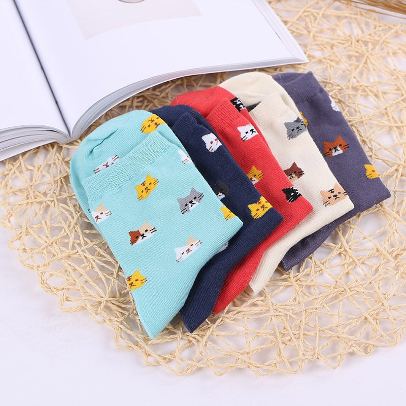 Anysox 5 Pairs One Size 5-9 Mix Colour Cartoon Animal Cute Cat Ankle Short Casual Girl With Thick Warm Cotton Socks for Holiday Gifts-Socks-PEROZ Accessories