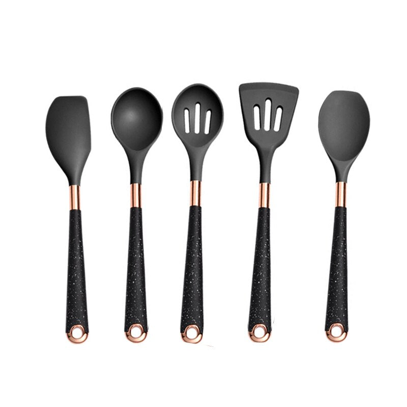 Anygleam Kitchen Utensils Non-stick Black 5 Set Gold Plated Handle with Support Point Cooking Tool Accessories Heat Resistant Kitchenware-Spatula and Shovel-PEROZ Accessories