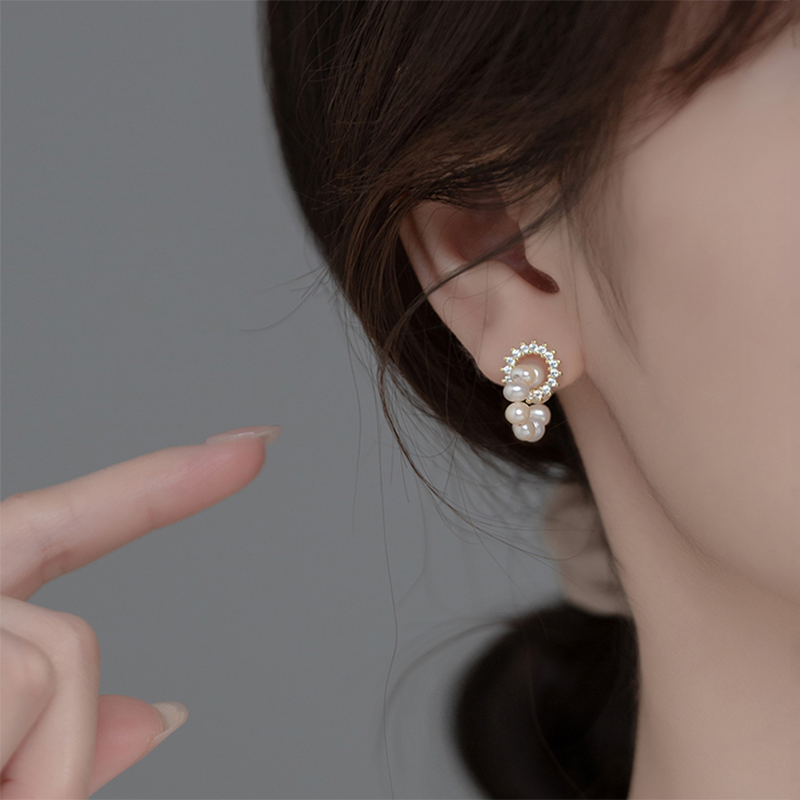 Anyco Fashion Earrings Sterling Silver Sweet Statement Gold Natural Baroque Pearl Stud Earrings for Women Fashion Charm Shiny Zircon Jewelry-Earrings-PEROZ Accessories