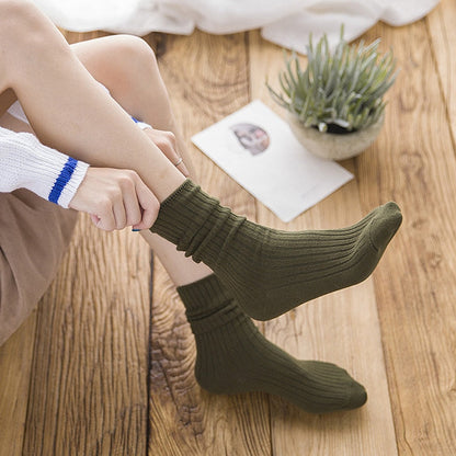 Anysox 5 Pairs One Size 36-43 Green Retro Long Knitted Socks Cotton Autumn Winter Solid Color Women Student Girls-Socks-PEROZ Accessories