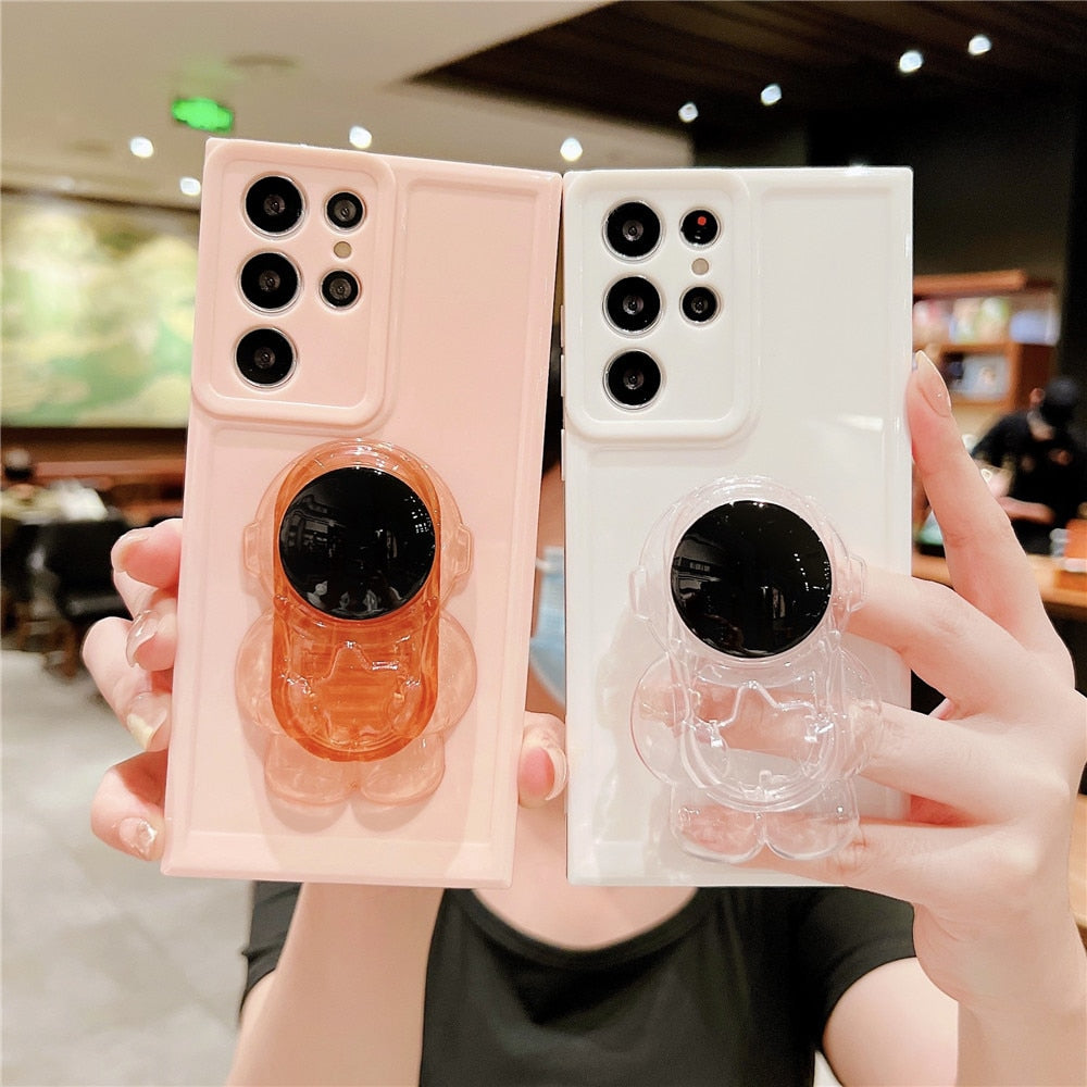 Anymob Samsung White Folding Cartoon Astronaut Stand Phone Case Soft Silicone Frame Shockproof Bumper Cover-Mobile Phone Cases-PEROZ Accessories