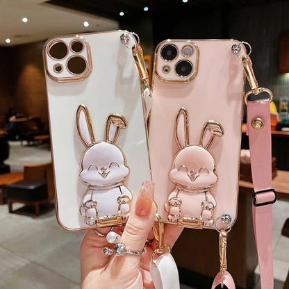 Anymob iPhone Case Shockproof Dark Pink Rabbit Bracket Crossbody Lanyard Case Plating Stand Silicon Phone Cover-Mobile Phone Cases-PEROZ Accessories