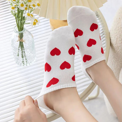 Anysox 5 Pairs Size 36-39 White with Red Hearts Fashion Socks High Quality Breathable Cotton Foor Wear for Ladies-Socks-PEROZ Accessories