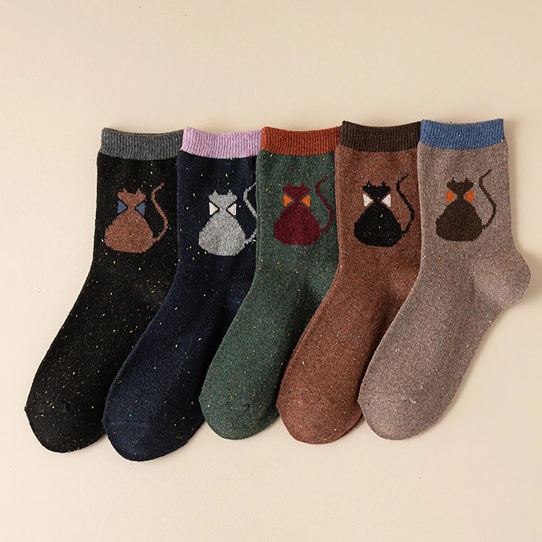 Anysox 5 Pairs Size 35-40 Mixed Color Cat Bowtie Cartoon Fashion Socks High Quality Woollen Stockings Foot Wear-Socks-PEROZ Accessories