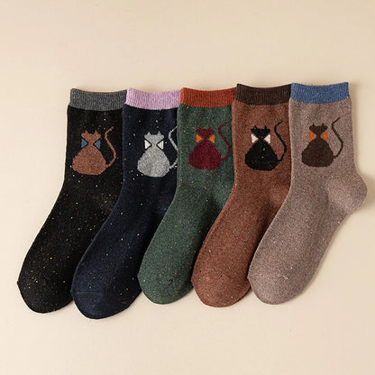 Anysox 5 Pairs Size 35-40 Mixed Color Cat Bowtie Cartoon Fashion Socks High Quality Woollen Stockings Foot Wear-Socks-PEROZ Accessories
