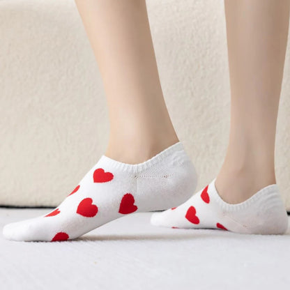 Anysox 5 Pairs Size 36-39 White with Red Hearts Fashion Socks High Quality Breathable Cotton Foor Wear for Ladies-Socks-PEROZ Accessories