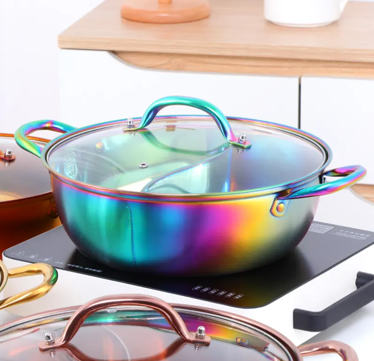 Anygleam Stock Pot Rainbow Twin Divided Stainless Steel Home Restaurant Cooking Tool Compatible Soup Kitchen Utensils-Pots-PEROZ Accessories