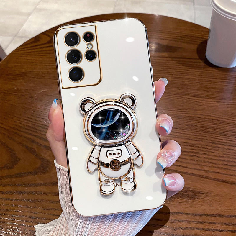 Anymob Samsung Case White Shiny Glitter Quicksand Astronaut Phone Electroplate Stand Holder Cover-Mobile Phone Cases-PEROZ Accessories