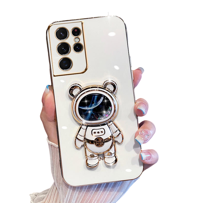 Anymob Samsung Case White Shiny Glitter Quicksand Astronaut Phone Electroplate Stand Holder Cover-Mobile Phone Cases-PEROZ Accessories