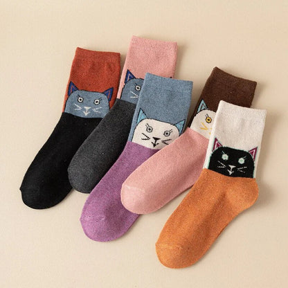 Anysox 5 Pairs Size 35-40 Mixed Color Cat Face Cartoon Fashion Socks High Quality Woollen Stockings Foot Wear-Socks-PEROZ Accessories