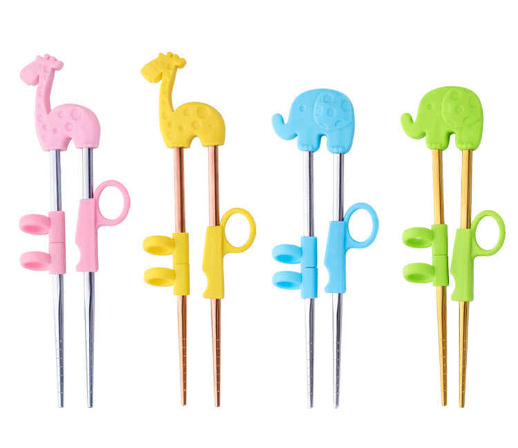 AnyGleam Chop Stick Blue Elephant 1 Pair Reusable Gold Stainless Steel Cartoon for Kids and Children Kitchen Accessories-Kitchen &amp; Dining-PEROZ Accessories
