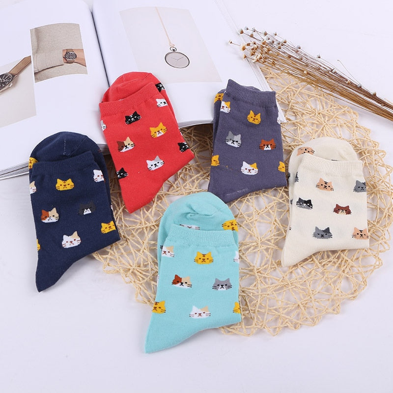 Anysox 5 Pairs One Size 5-9 Mix Colour Cartoon Animal Cute Cat Ankle Short Casual Girl With Thick Warm Cotton Socks for Holiday Gifts-Socks-PEROZ Accessories