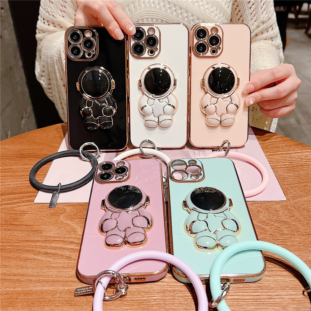 Anymob iPhone Case Pink Astronaut Holder Wristband Plating Love Heart Soft Silicone Back Cover Bumper-Mobile Phone Cases-PEROZ Accessories