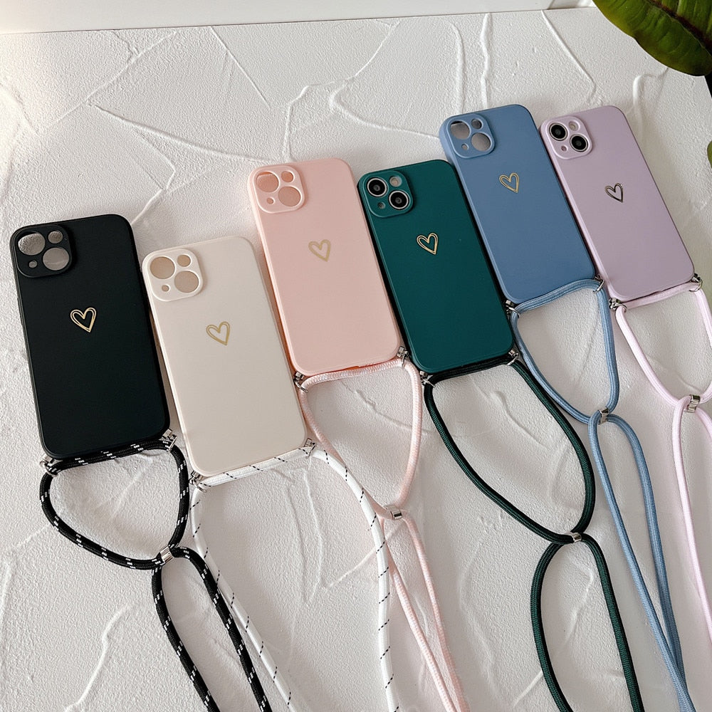 Anymob iPhone Case Black Candy Color Love Heart Crossbody Lanyard Soft Silicone Cover-Mobile Phone Cases-PEROZ Accessories