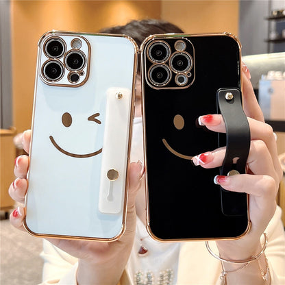 Anymob iPhone Case White Plating Smiley Square Wristband Holder Soft TPU Shockproof Cover-Mobile Phone Cases-PEROZ Accessories