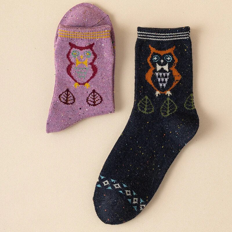 Anysox 5 Pairs Size 35-40 Mixed Color Owl Cartoon Fashion Socks High Quality Woollen Stockings Foot Wear-Socks-PEROZ Accessories