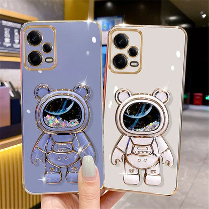 Anymob Xiaomi Redmi Case Pink Space Quicksand Bear Phone Bracket Plating Cover Protection-Mobile Phone Cases-PEROZ Accessories