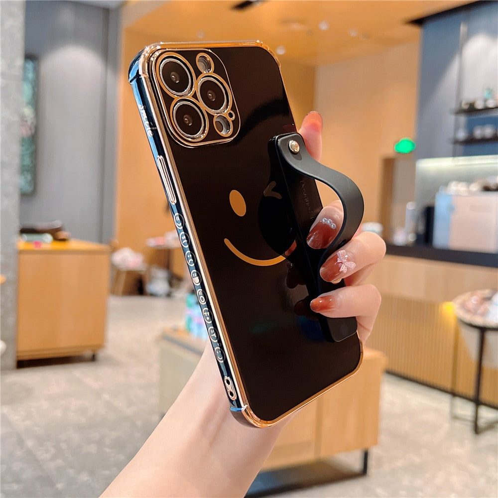 Anymob iPhone Case Pink Plating Smiley Square Wristband Holder Soft TPU Shockproof Cover-Mobile Phone Cases-PEROZ Accessories