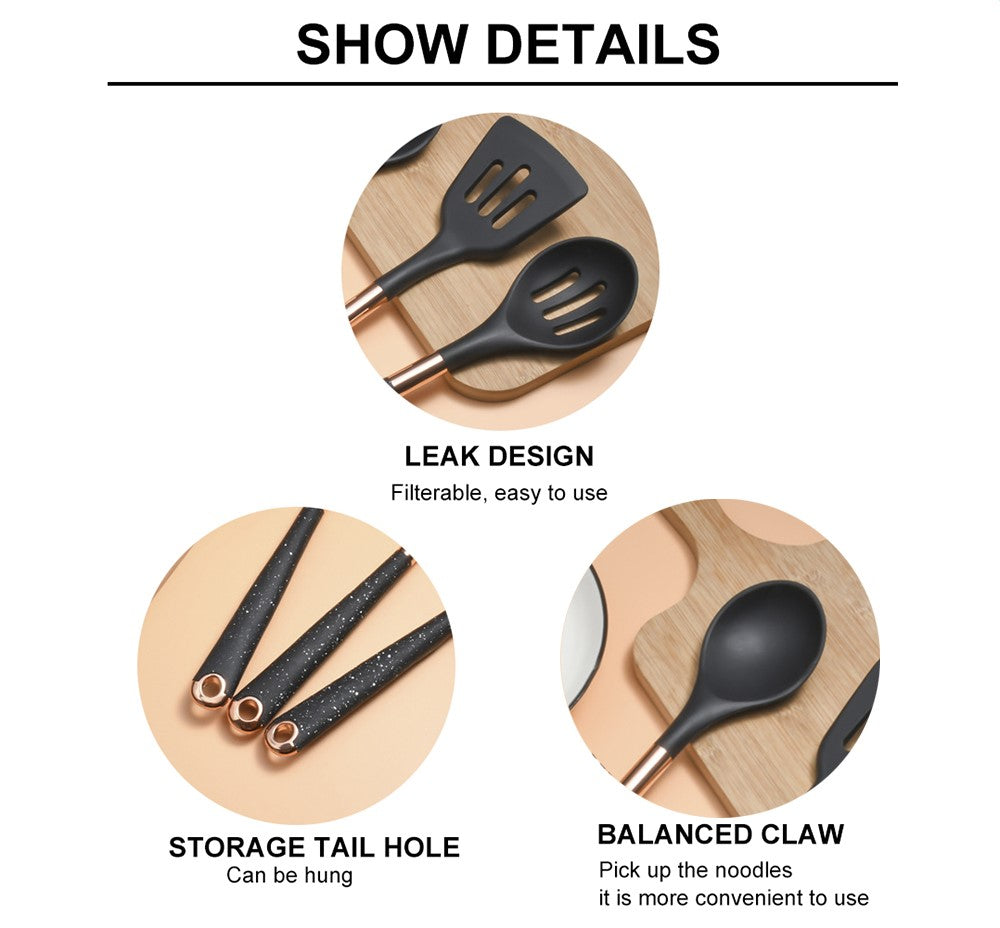 Anygleam Kitchen Utensils Non-stick Black 9 Set Gold Plated Handle with Support Point and Storage Box Cooking Tool Accessories Heat Resistant Kitchenware-Spatula and Shovel-PEROZ Accessories