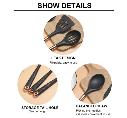 Anygleam Kitchen Utensils Non-stick Black 9 Set Gold Plated Handle with Support Point and Storage Box Cooking Tool Accessories Heat Resistant Kitchenware-Spatula and Shovel-PEROZ Accessories