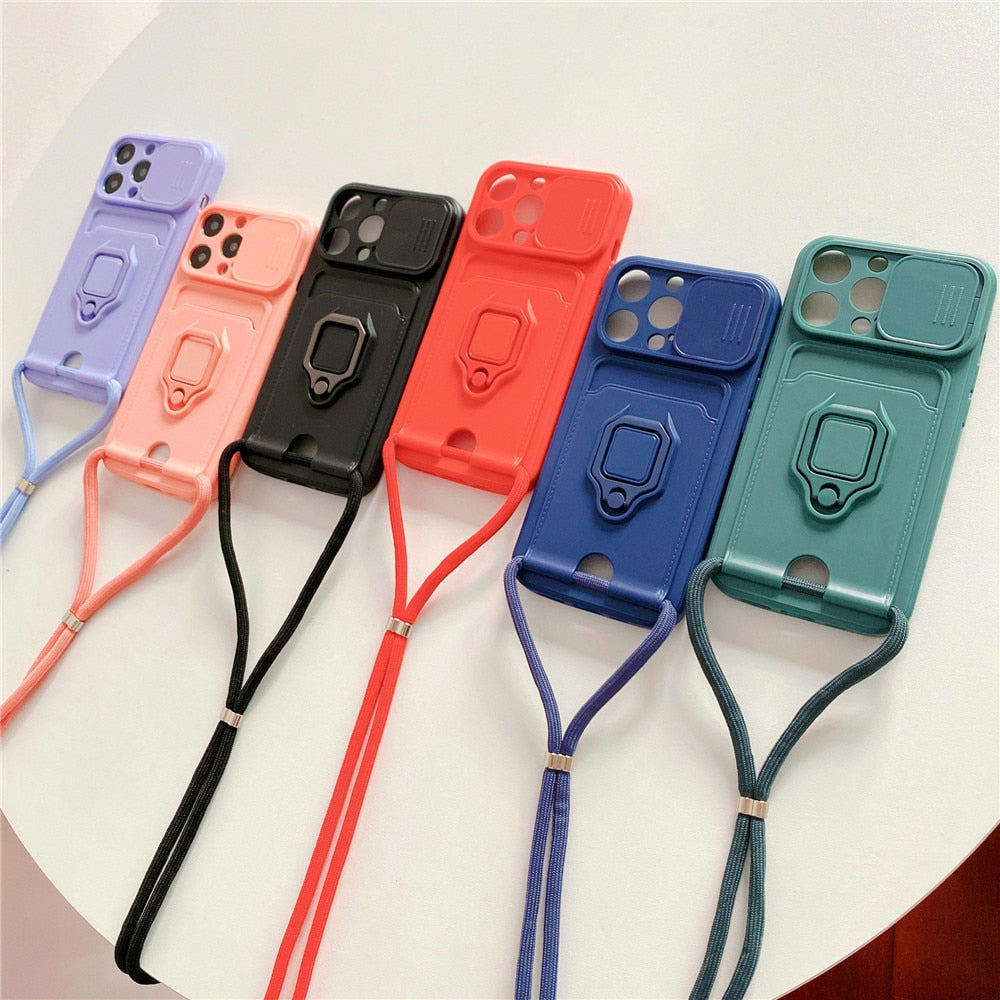 Anymob iPhone Orange Magnetic Card Holder Lanyard Cord Phone Case Lens Protection Back Cover-Mobile Phone Cases-PEROZ Accessories