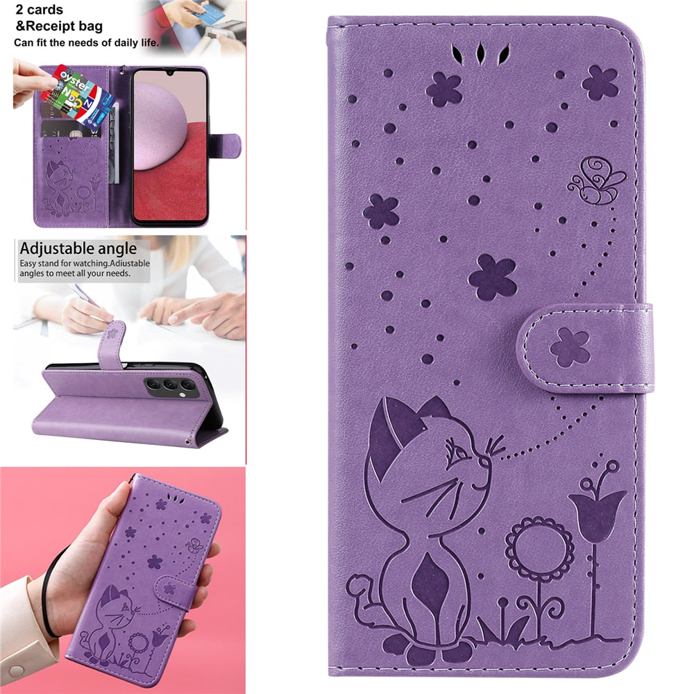Anymob Samsung Case Light Pink 3D Cat Embossed PU Leather Flip Phone Cover Protection-Mobile Phone Cases-PEROZ Accessories