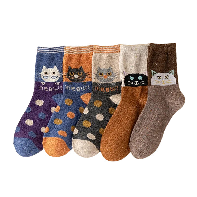 Anysox 5 Pairs Size 35-40 Mixed Color Cat Meow Cartoon Fashion Socks High Quality Woollen Stockings Foot Wear-Socks-PEROZ Accessories