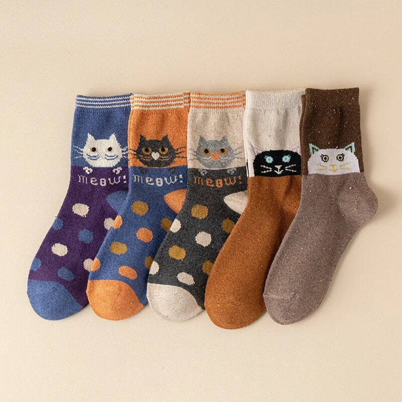 Anysox 5 Pairs Size 35-40 Mixed Color Cat Meow Cartoon Fashion Socks High Quality Woollen Stockings Foot Wear-Socks-PEROZ Accessories