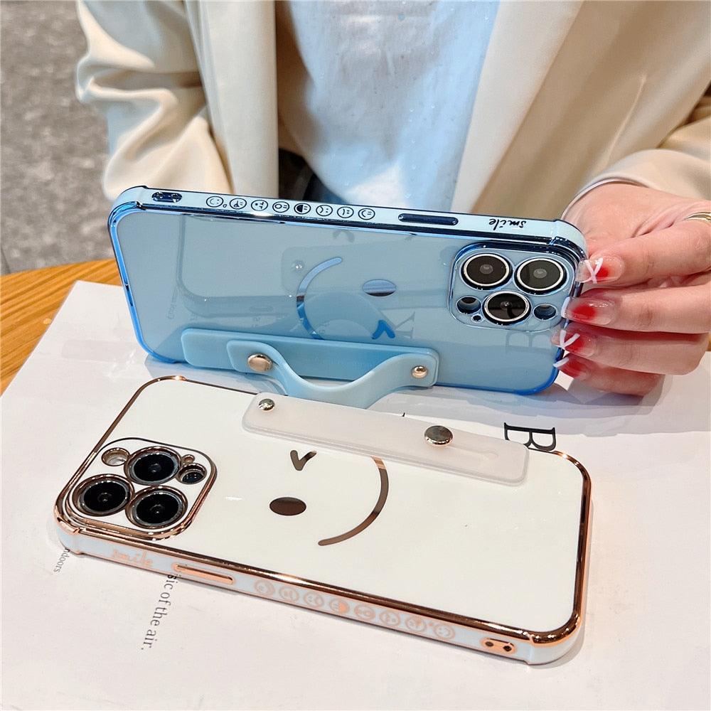 Anymob iPhone Case White Plating Smiley Square Wristband Holder Soft TPU Shockproof Cover-Mobile Phone Cases-PEROZ Accessories