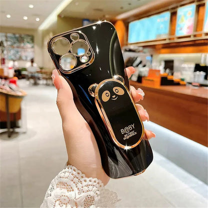 Anymob iPhone Case Shockproof Green Plating Lovely Panda Fold Stand Phone Case Soft Silicone Cover-Mobile Phone Cases-PEROZ Accessories