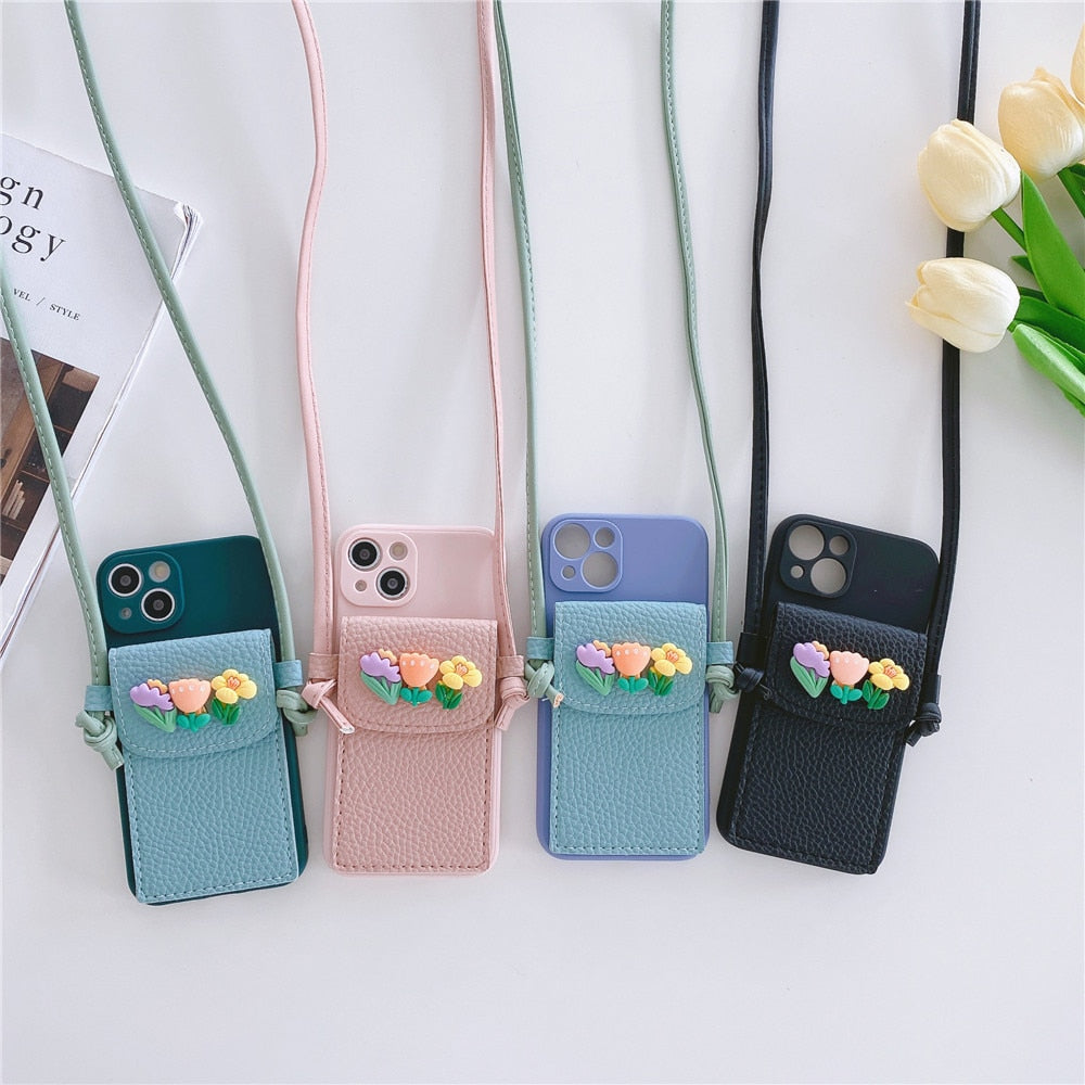 Anymob iPhone Black Crossbody Lanyard Rope Card Slot Holder Case Flowers Soft Silicone Cover-Mobile Phone Cases-PEROZ Accessories