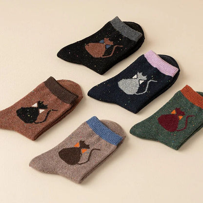 Anysox 5 Pairs Size 35-40 Mixed Color Cat Bowtie Cartoon Fashion Socks High Quality Woollen Stockings Foot Wear-Socks-PEROZ Accessories