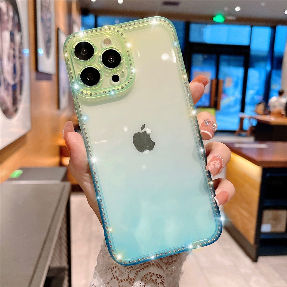 Anymob iPhone Case Aqua Blue Gradient Transparent Diamond Frame Lens Protection Shockproof Bumper Soft Cover-Mobile Phone Cases-PEROZ Accessories
