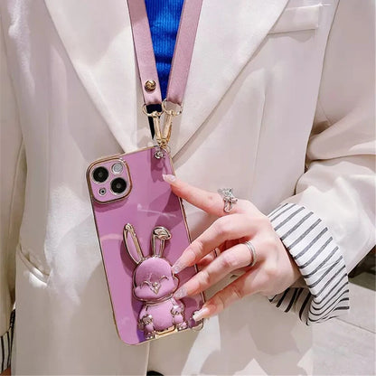 Anymob iPhone Case Shockproof Dark Pink Rabbit Bracket Crossbody Lanyard Case Plating Stand Silicon Phone Cover-Mobile Phone Cases-PEROZ Accessories