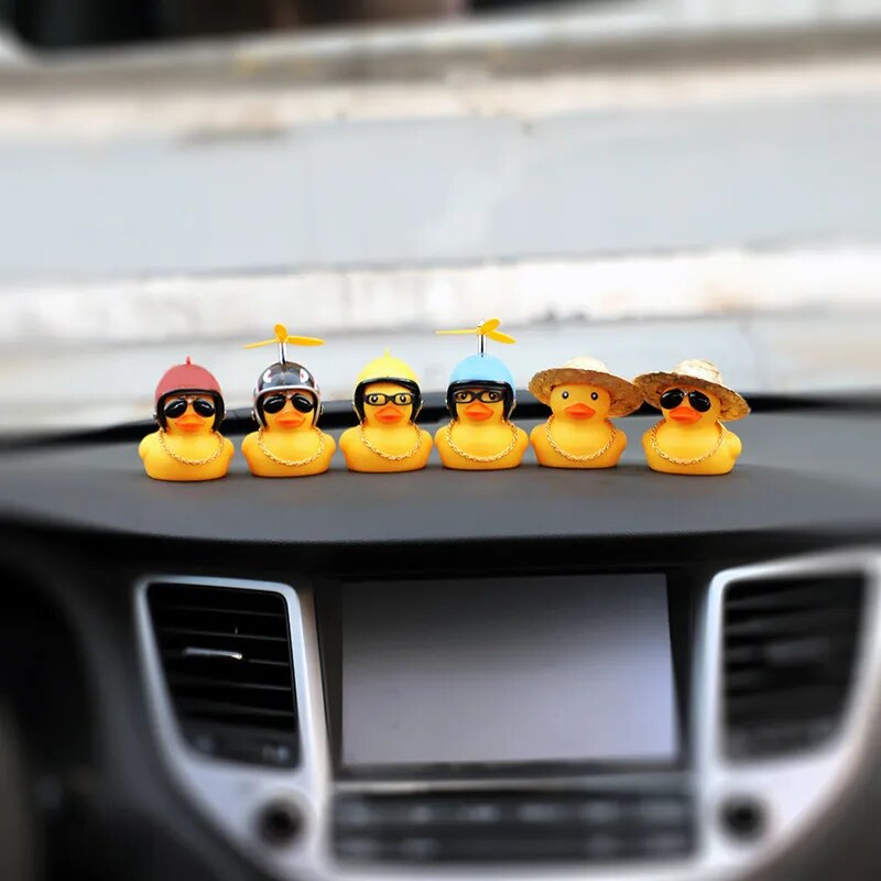 Anypack Car Ornaments Rubber Yellow Duck for Car Dashboard Decorations Round Glasses Duck with Straw Hat Gold Chain-Car Accessories-PEROZ Accessories