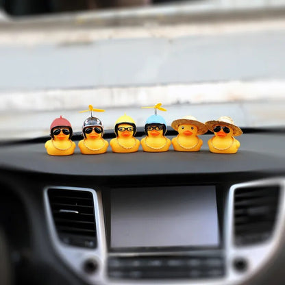 Anypack Car Ornaments Rubber Yellow Duck for Car Dashboard Decorations Round Glasses Duck with Straw Hat Gold Chain-Car Accessories-PEROZ Accessories