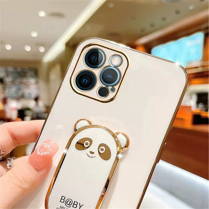 Anymob iPhone Case Shockproof Black Plating Lovely Panda Fold Stand Phone Case Soft Silicone Cover-Mobile Phone Cases-PEROZ Accessories
