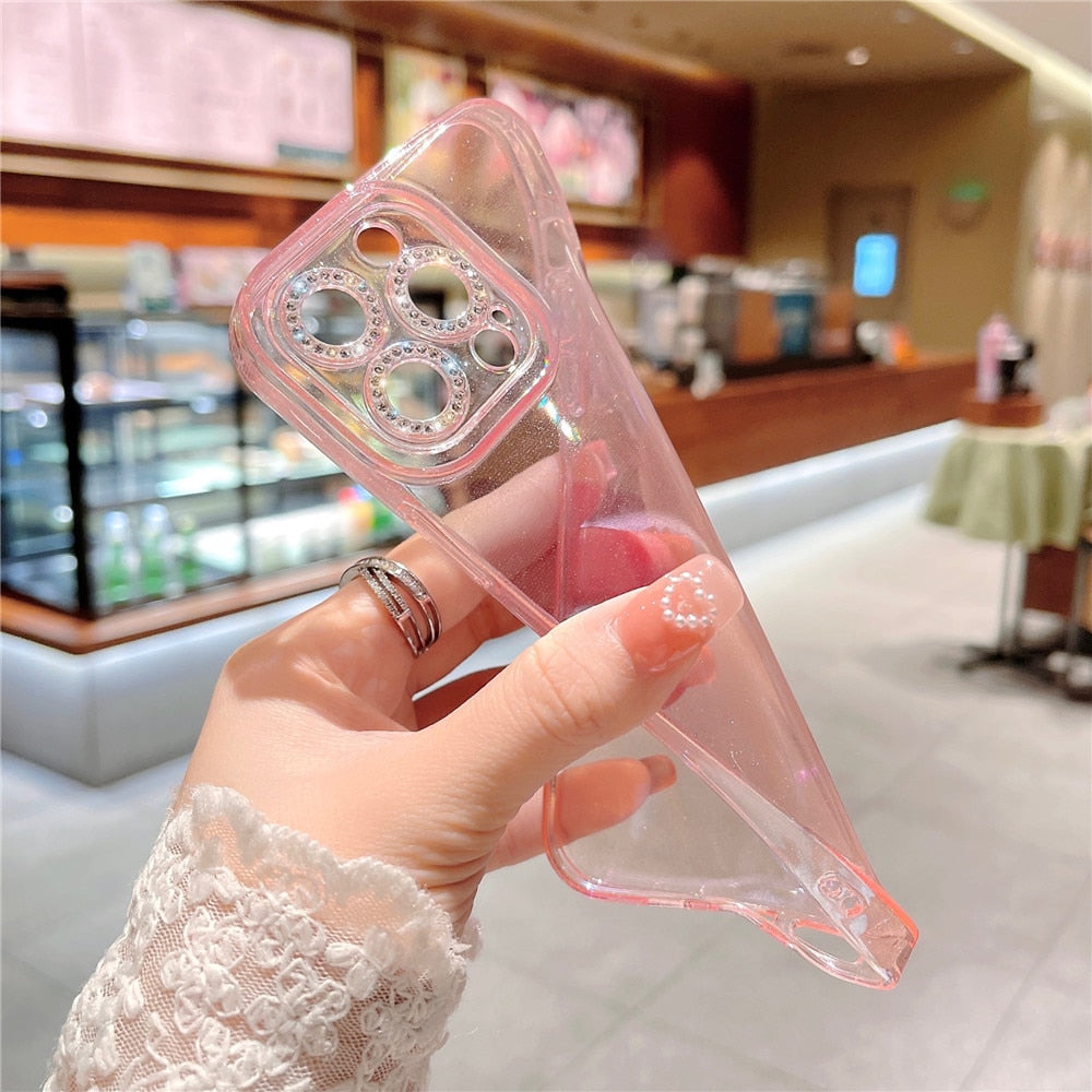 Anymob iPhone Case Pink Colorful Gradient Glitter Diamond Lens Camera Protection Soft Cover-Mobile Phone Cases-PEROZ Accessories