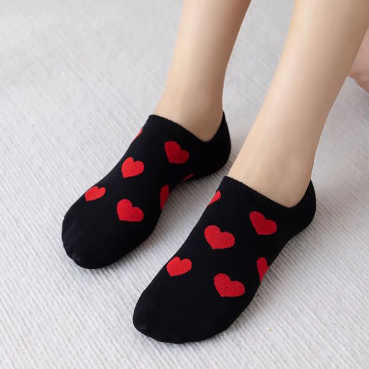 Anysox 5 Pairs Size 36-39 Black with Red Hearts Fashion Socks High Quality Breathable Cotton Foor Wear for Ladies-Socks-PEROZ Accessories