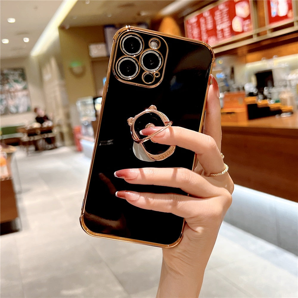 Anymob iPhone Case Purple Cute Bear Ring Holder Plating Silicon Stand Finger Bracket Back Cover-Mobile Phone Cases-PEROZ Accessories