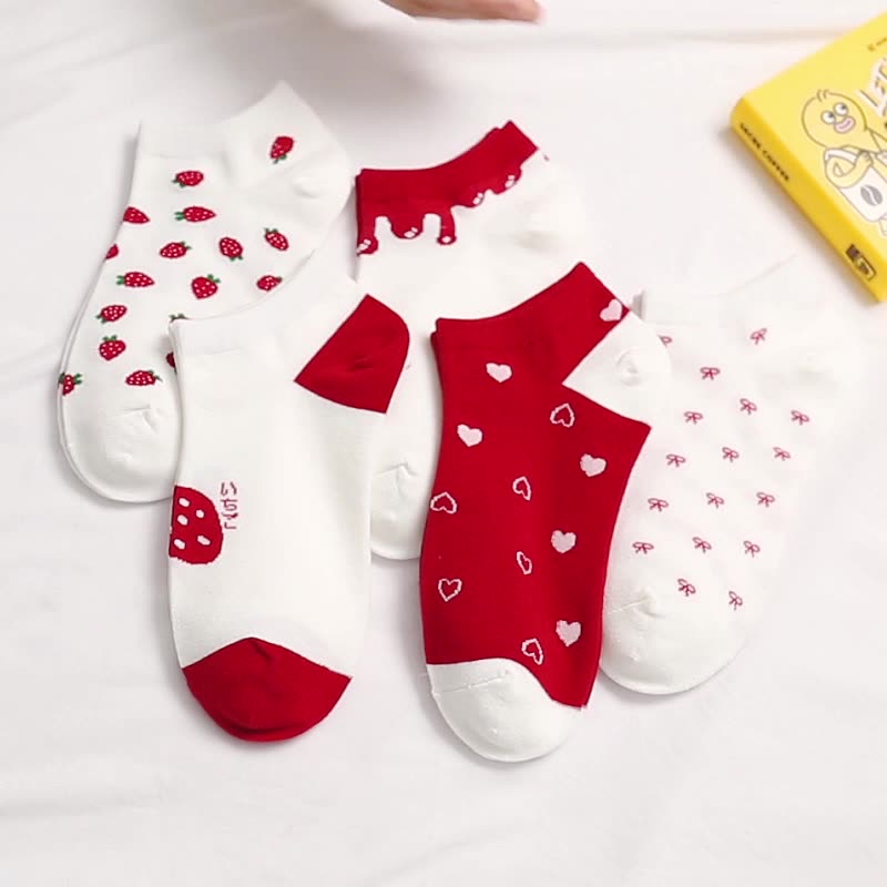 Anysox 5 Pairs One Size 5-9 Mix Strawberry Liner Cotton And Spandex Socks With Fruit Creative Design Brand Perfect for Women-Socks-PEROZ Accessories