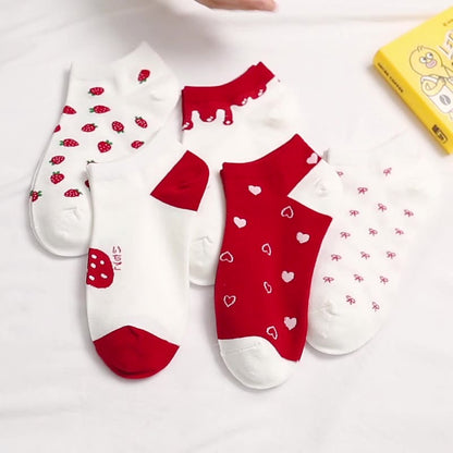 Anysox 5 Pairs One Size 5-9 Mix Strawberry Liner Cotton And Spandex Socks With Fruit Creative Design Brand Perfect for Women-Socks-PEROZ Accessories