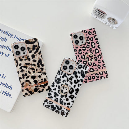 Anymob iPhone Case Black Leopard Print Square Cover Soft Silicone With Ring Holder Bumper Shell-Mobile Phone Cases-PEROZ Accessories