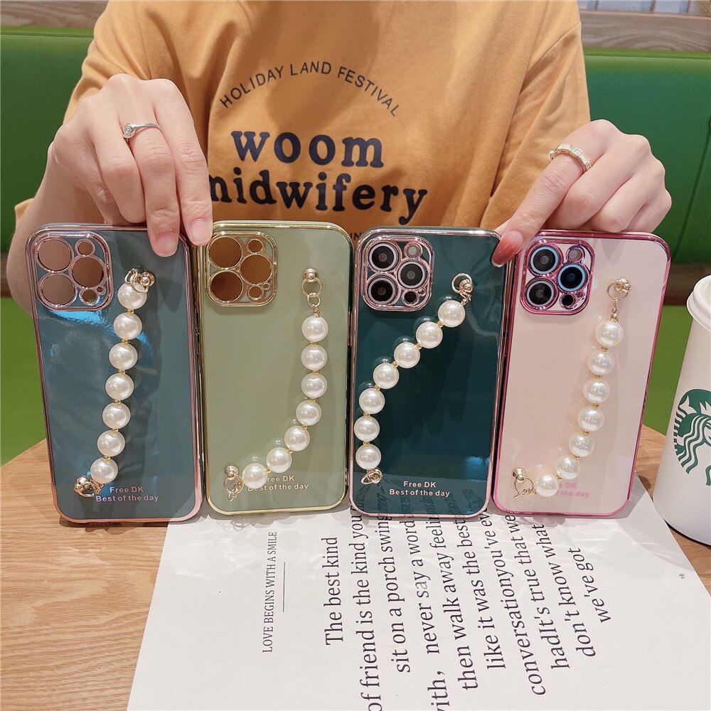 Anymob iPhone Pink Plating Pearl Bracelet Phone Case Soft Silicone Back Cover-Mobile Phone Cases-PEROZ Accessories